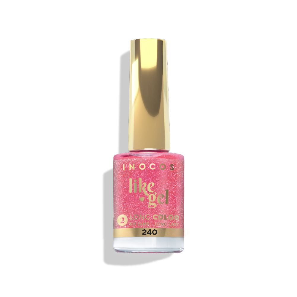 Like Gel INOCOS 240 - Rosa Cintilante Frasco de esmalte de unhas rosa com glitter e tampa dourada