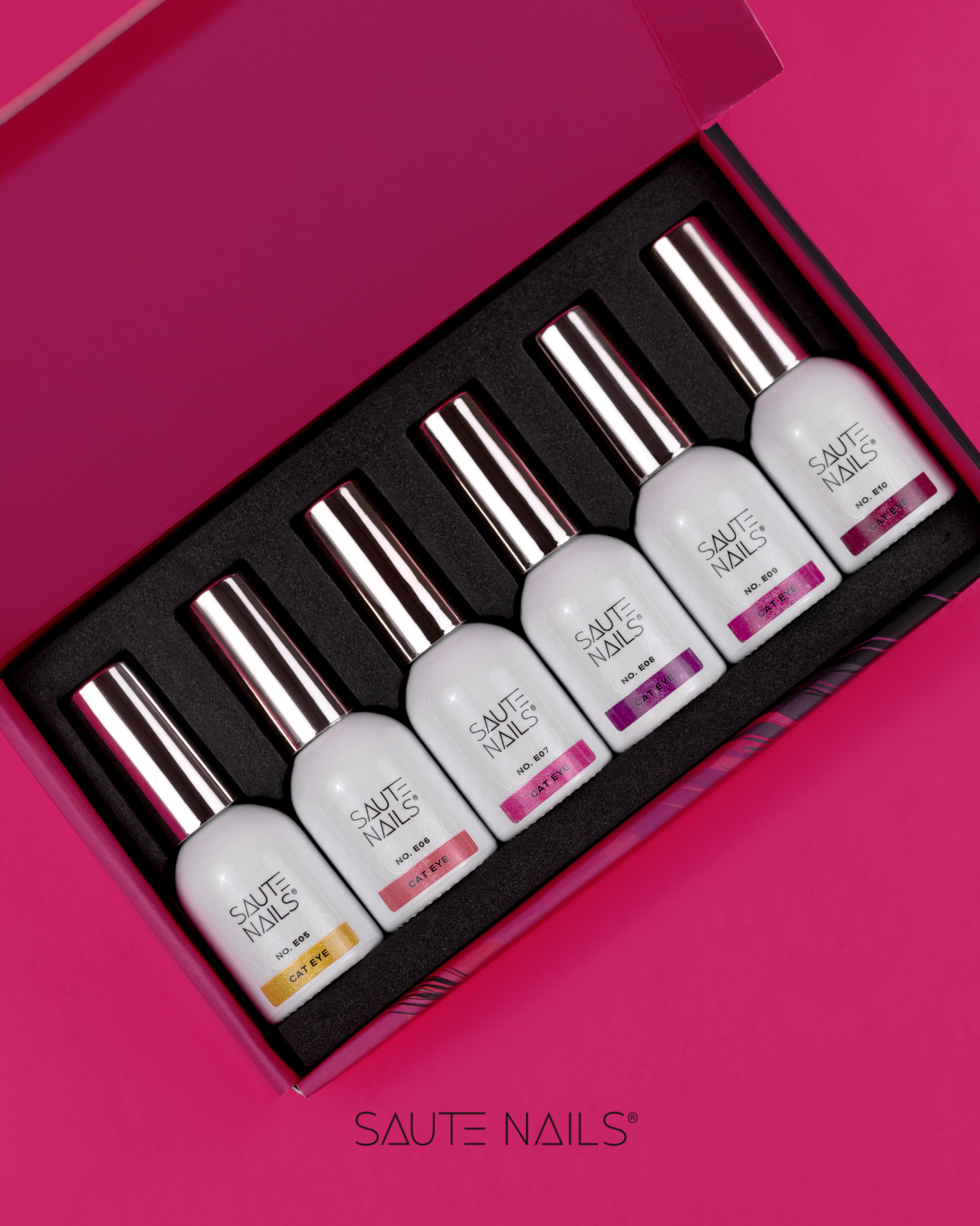 Coleção Cat Eye 2 (6 Cores Magnéticas - E05 a E10) Conjunto de vernizes SAUTE NAILS em caixa preta e fundo rosa