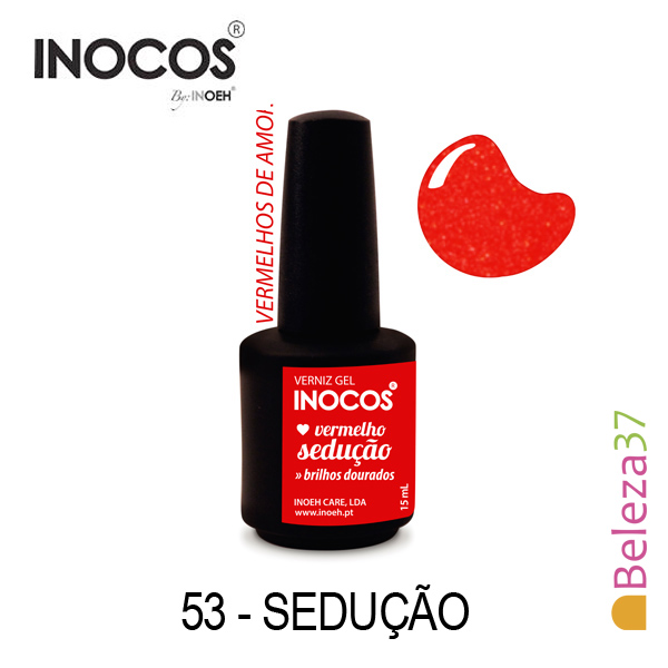 Verniz Gel Inocos 53 — Sedução (Vermelho com Brilhos Dourados) Frasco de verniz gel INOCOS cor vermelho sedução com brilhos dourados