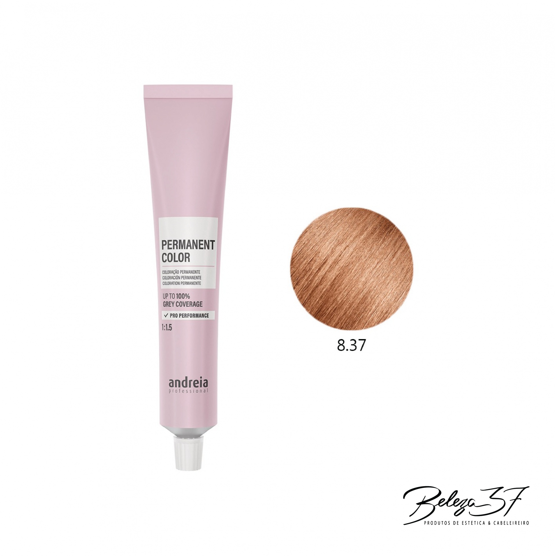 Coloração Permanente Andreia 8.37 Tubo rosa de tinta permanente para cabelo Andreia com amostra de cor castanho claro dourado 8.37