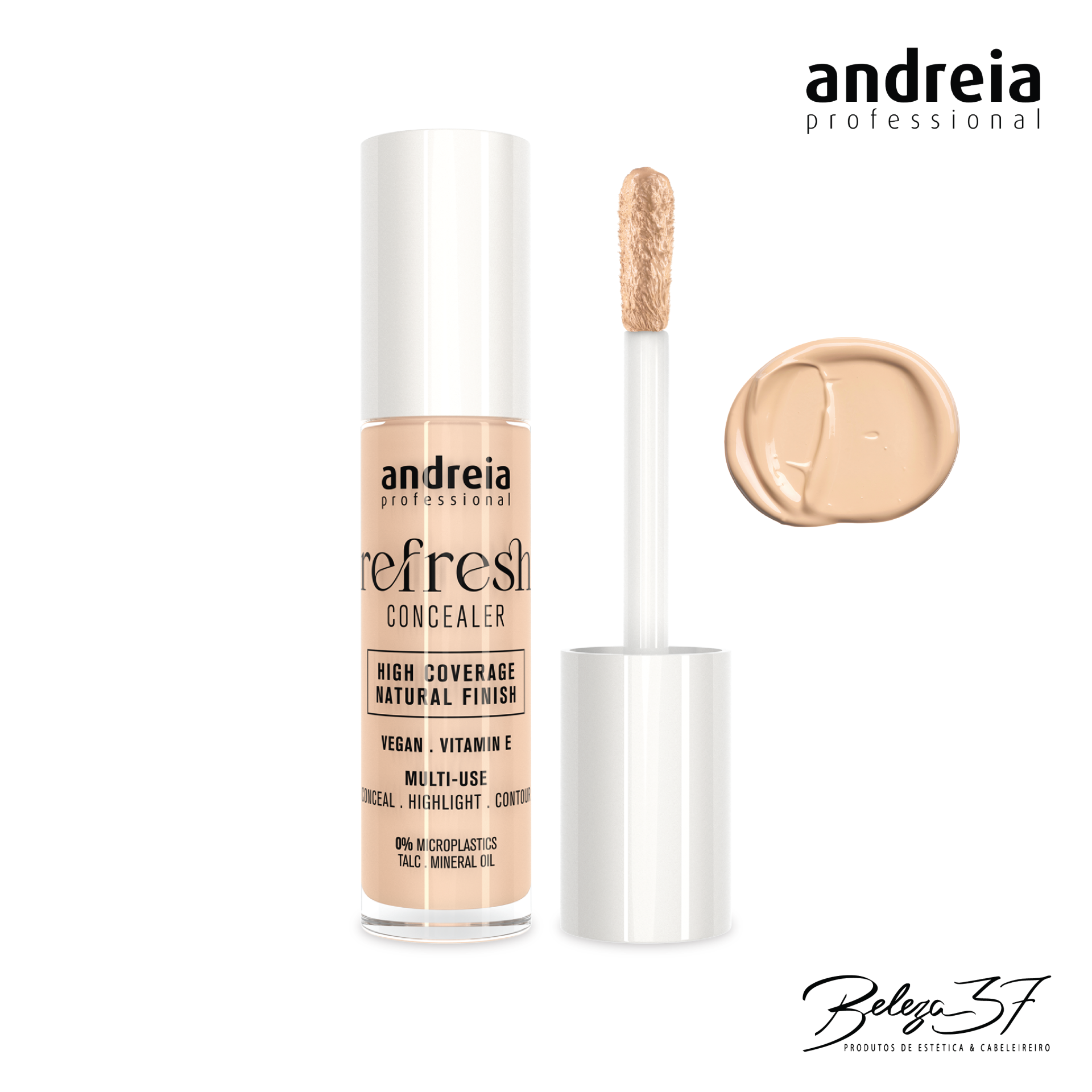 Corrretor Refresh Concealer Andreia 01 - Cool Ivory Corretor líquido Andreia Professional Refresh Concealer com aplicador e mancha do produto