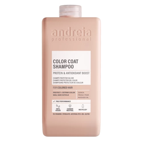 Shampoo Color Care Andreia 1L Frasco rosa claro de champô Andreia professional Color Coat Shampoo com etiqueta branca