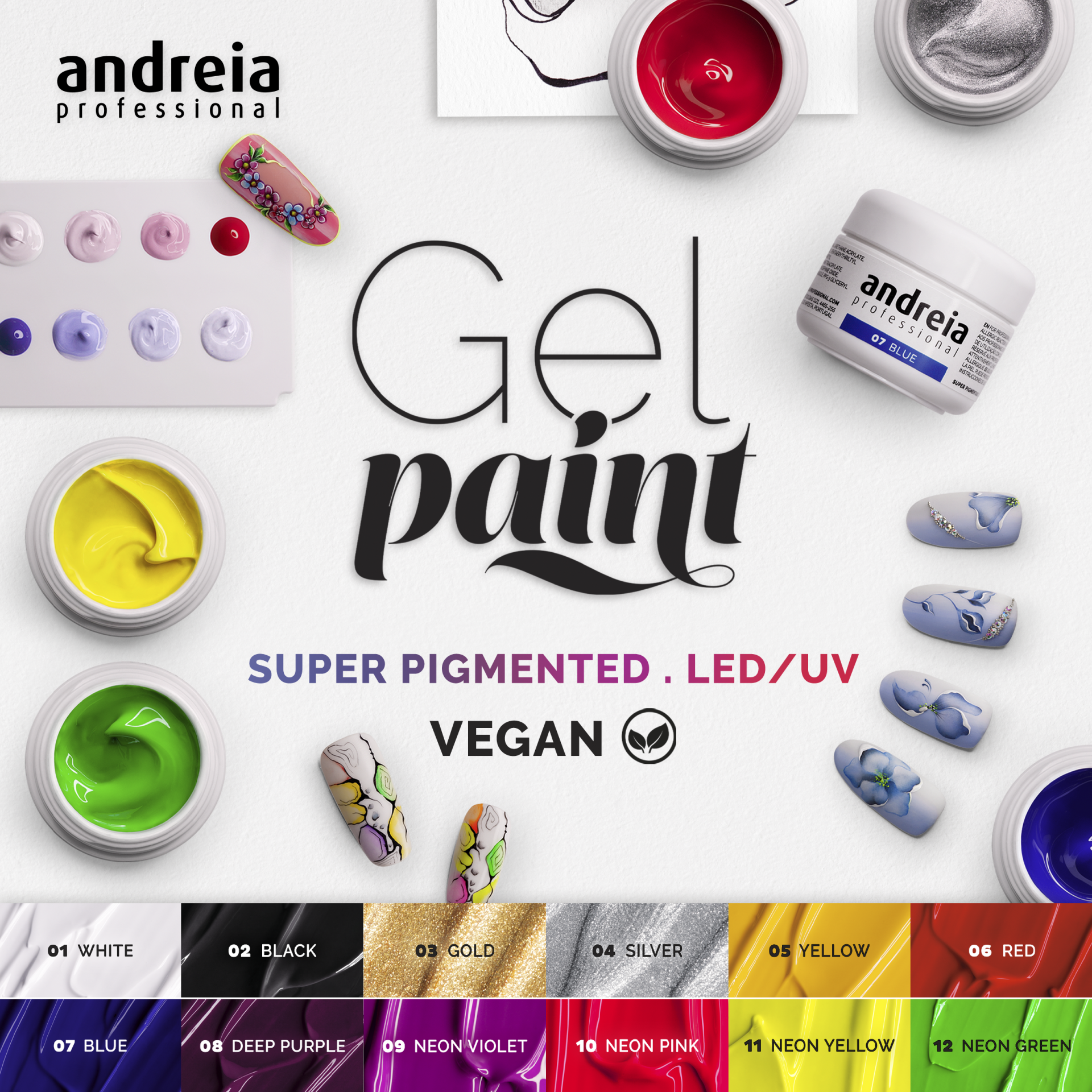 Gel Paint Andreia 10 - Neon Pink Frascos e amostras de gel de unhas colorido da marca Andreia Professional com paleta de cores e texto promocional