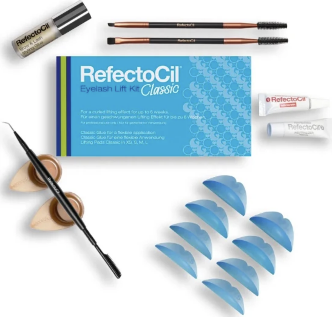 Kit Lifting Permanente Pestanas RefectoCil - 36 Aplicações Kit RefectoCil com caixa azul, pincéis, suportes azuis de silicone e géis para pestanas