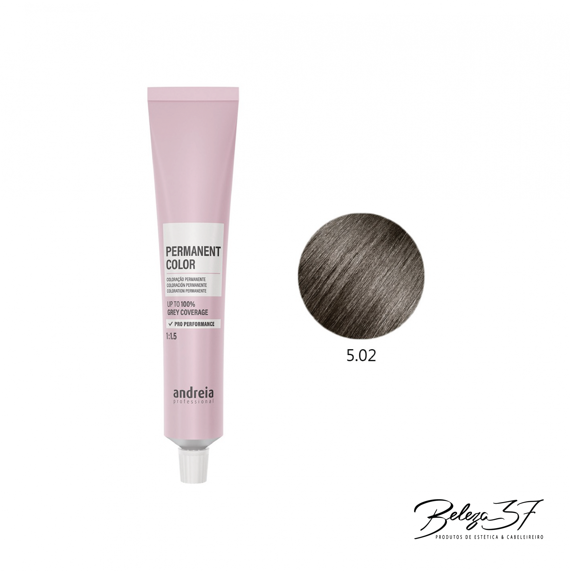 Coloração Permanente Andreia 5.02 Tubo rosa de tinta de cabelo permanente com amostra de cor castanho acinzentado 5.02
