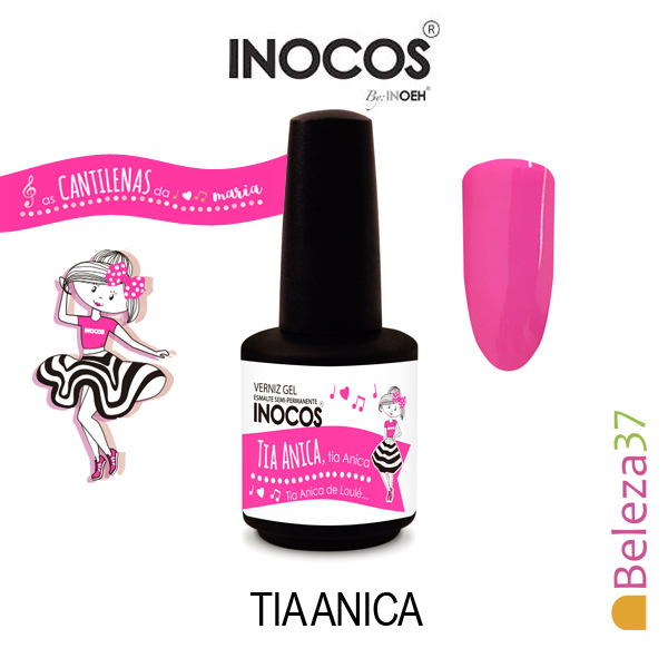 Verniz Gel Inocos 154 – Tia Anica (Rosa Vivo) Frasco de verniz gel INOCOS TIA ANICA com etiqueta rosa e branca e ilustração de rapariga vestida com padrão às riscas preto e branco