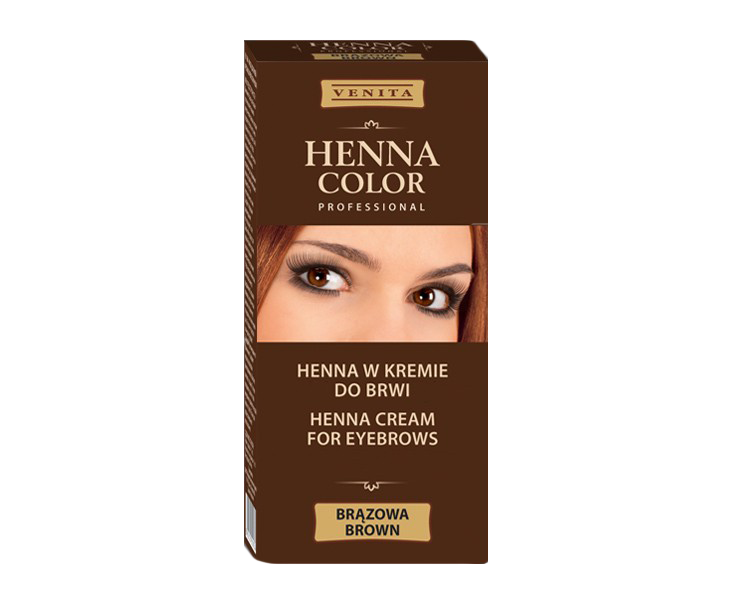 Tinta para Sobrancelhas - Henna Venita Brown Embalagem castanha de tinta henna para sobrancelhas Venita, texto branco e amarelo, cor castanha.