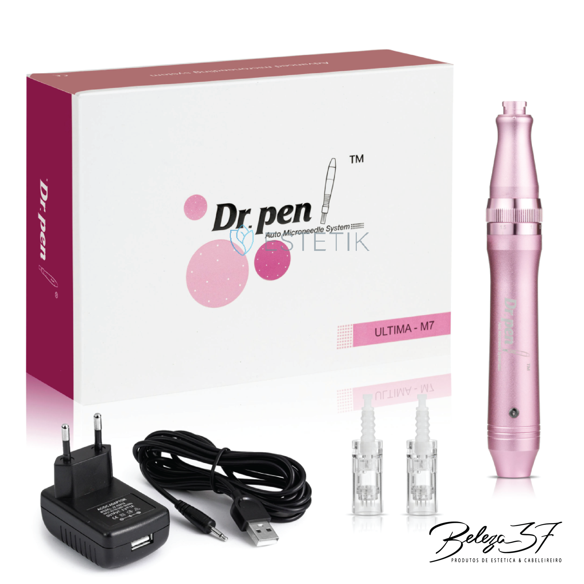 Dermapen DrPen M7 Kit Dr. Pen ULTIMA - M7 com caneta rosa, agulhas, cabo USB, adaptador e caixa branca
