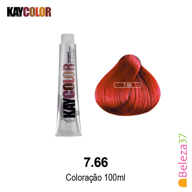 KayColor Coloração 100ml - Cor 7.66 Tubo de coloração Kay Color prateado e mecha de cabelo vermelha 7.66