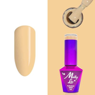 Verniz Gel Molly Lac – Yoga 082 – Parighasana Verniz gel para unhas Molly Lac cor bege claro com embalagem roxa.
