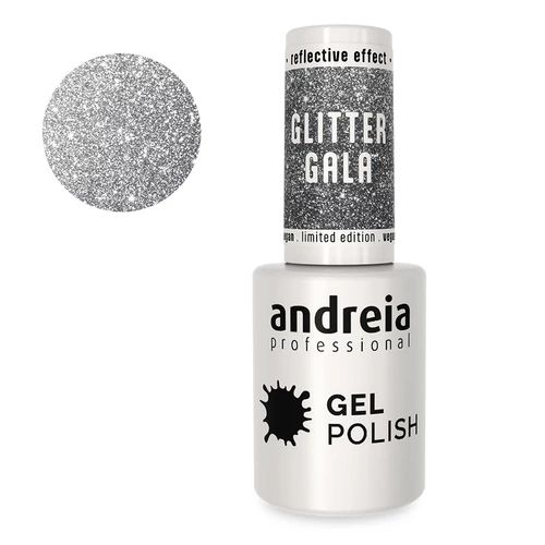 Verniz Gel Andreia GG1 - Prata com brilhos prateados - Descontinuado Frasco de verniz gel Andreia Professional Glitter Gala prateado