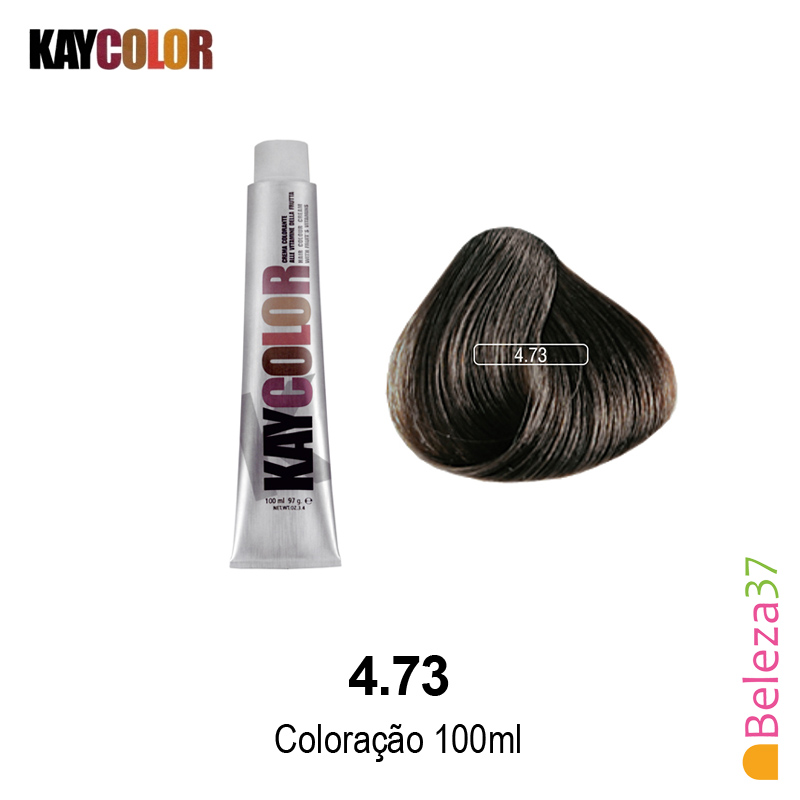 KayColor Coloração 100ml - Cor 4.73 Tubo de corante e amostra de cabelo castanho acinzentado KayColor 4.73 100ml