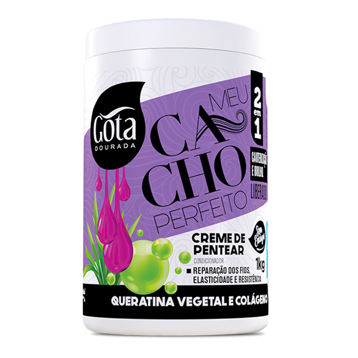Creme de Pentear Meu Cacho Perfeito Queratina Vegetal e Colágeno 1KG Creme de pentear Gota Dourada Meu Cacho Perfeito em embalagem branca com detalhes coloridos