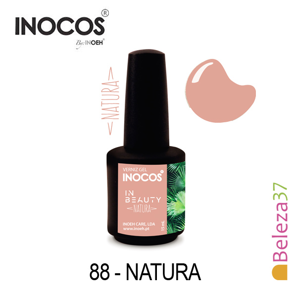Verniz Gel Inocos 88 — Natura Verniz gel INOCOS cor 88 Natura em frasco preto com etiqueta rosa e verde