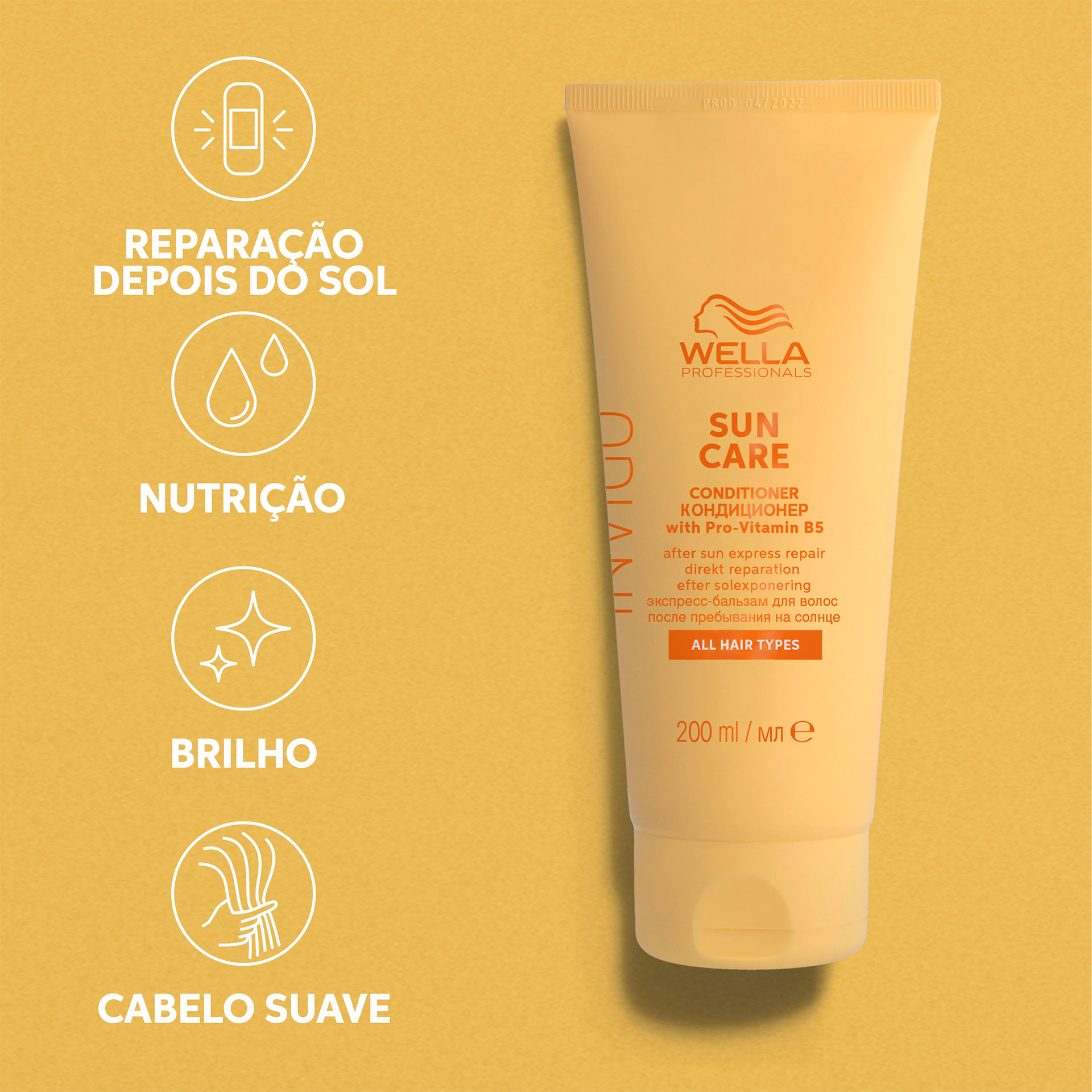 Wella Condicionador Express Sol Invigo Sun 200ml Tubo de condicionador Wella Sun Care com texto sobre benefícios em fundo amarelo