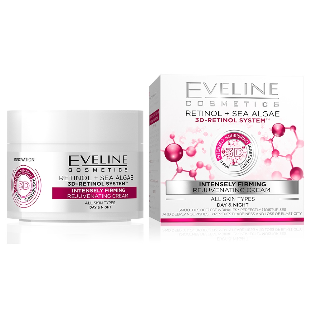 Creme de Rosto Eveline 3D Retinol System 50ml Creme rejuvenescedor firmador Eveline Cosmetics Retinol + Sea Algae embalagem branca com rosa