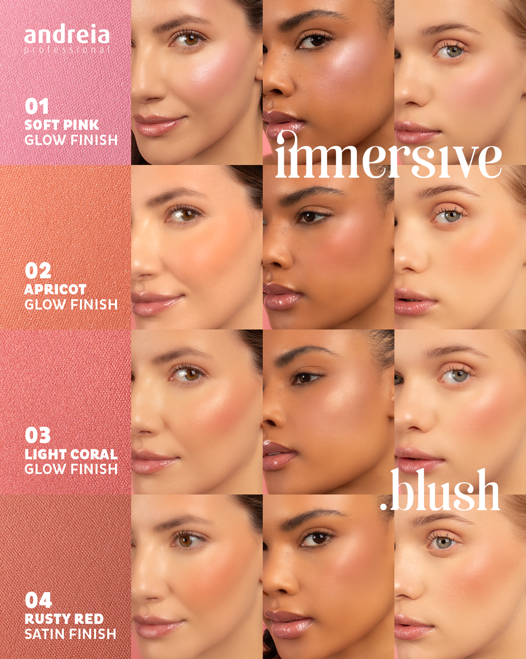 Andreia Immersive Blush 02 Multiplas mulheres com diferentes tons de pele usando blush em quatro tons da marca andreia professional
