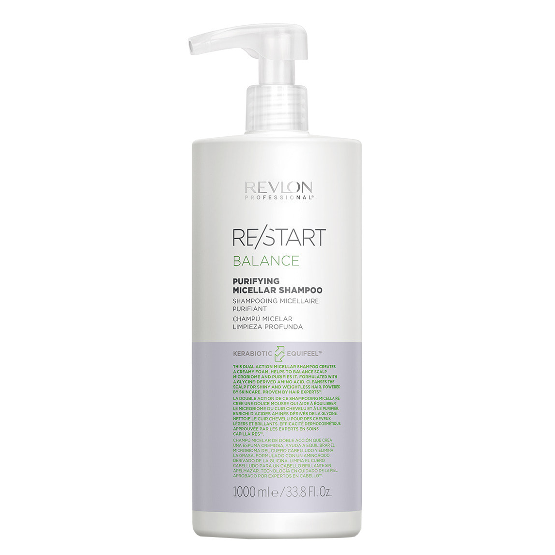 Frasco de shampoo micelar REVLON PROFESSIONAL RE/START BALANCE 1000ml branco e lilás com tampa doseadora