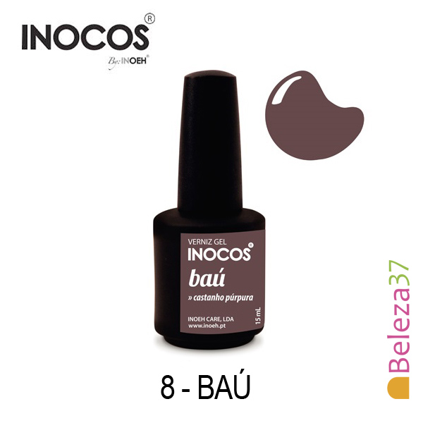 Verniz Gel Inocos 8 — Baú (Castanho Púrpura) Frasco de verniz gel castanho púrpura INOCOS com texto e fundo branco