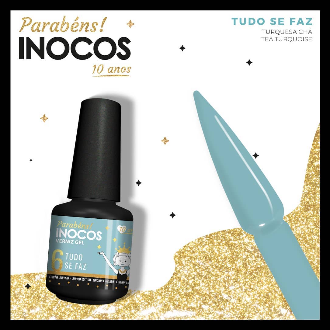 Verniz Gel Inocos – 255 - 6 Tudo se Faz Frasco de verniz gel turquesa chá da INOCOS e unha postiça pintada com a mesma cor