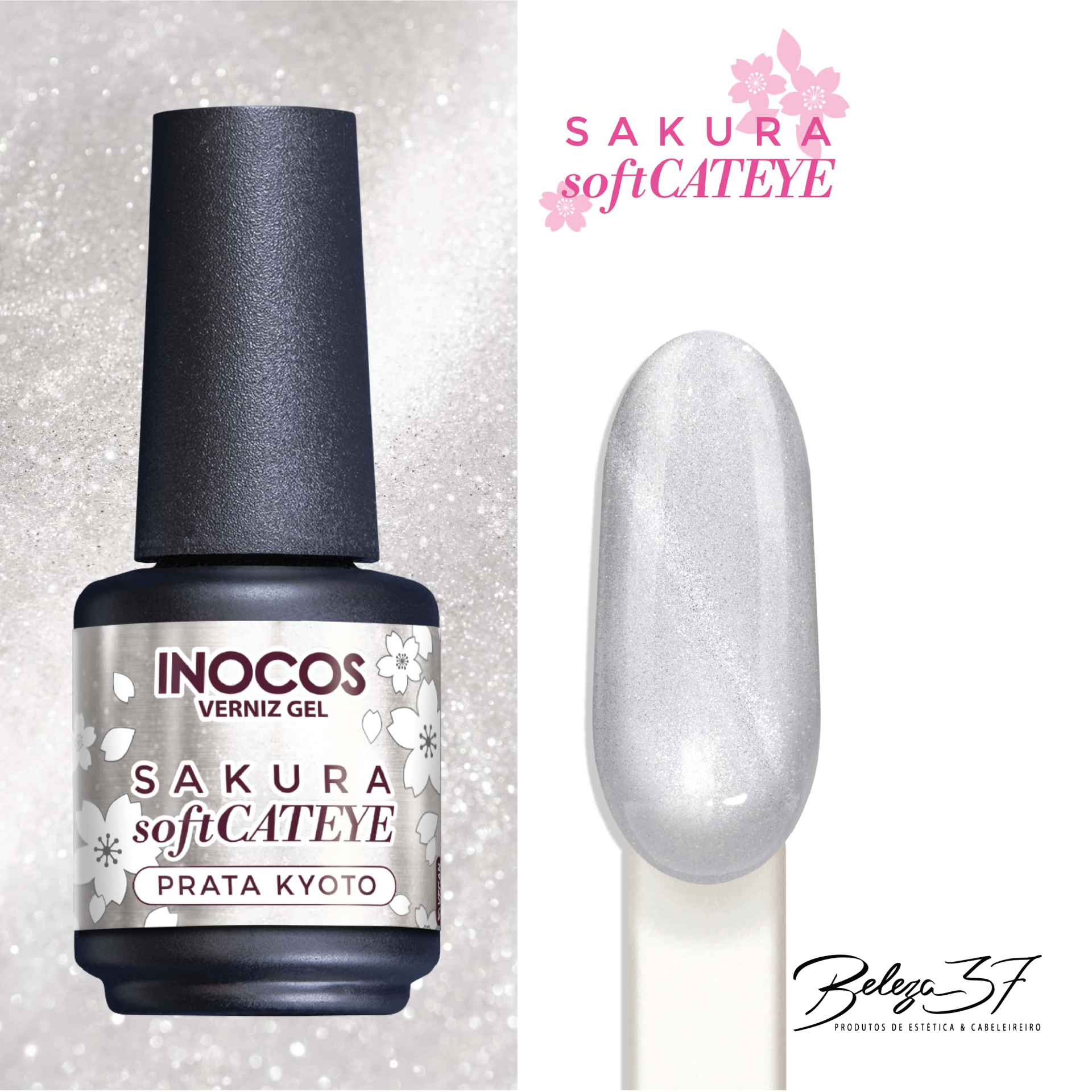 Verniz Gel Inocos – 352 - Cateye Prata Kyoto Frasco de verniz gel prata da marca INOCOS com amostra da cor em fundo branco