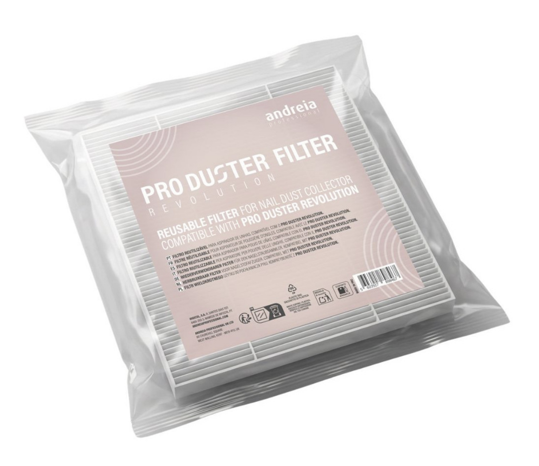 Filtro Pro Duster Revolution Andreia Filtro reutilizável para coletor de pó de unhas embalado em plástico transparente com etiqueta rosa e texto branco e preto