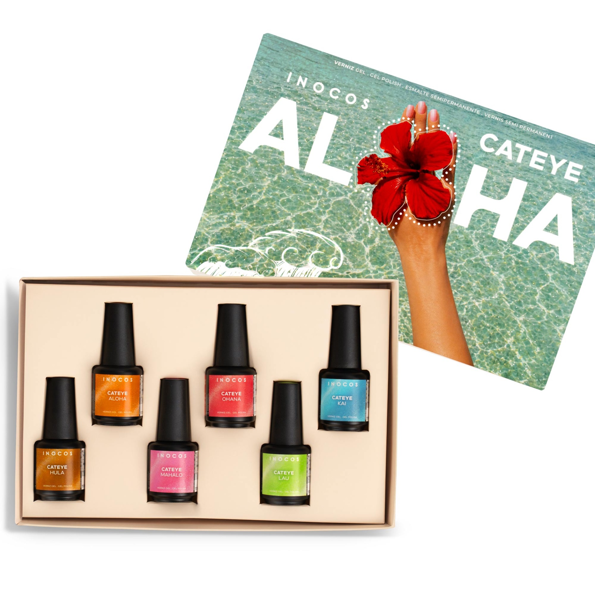 Verniz Gel Inocos – Press Kit Cat Eye ALOHA (6 cores) Conjunto de vernizes gel INOCOS sete frascos em caixa bege com embalagem alusiva ao tema ALOHA