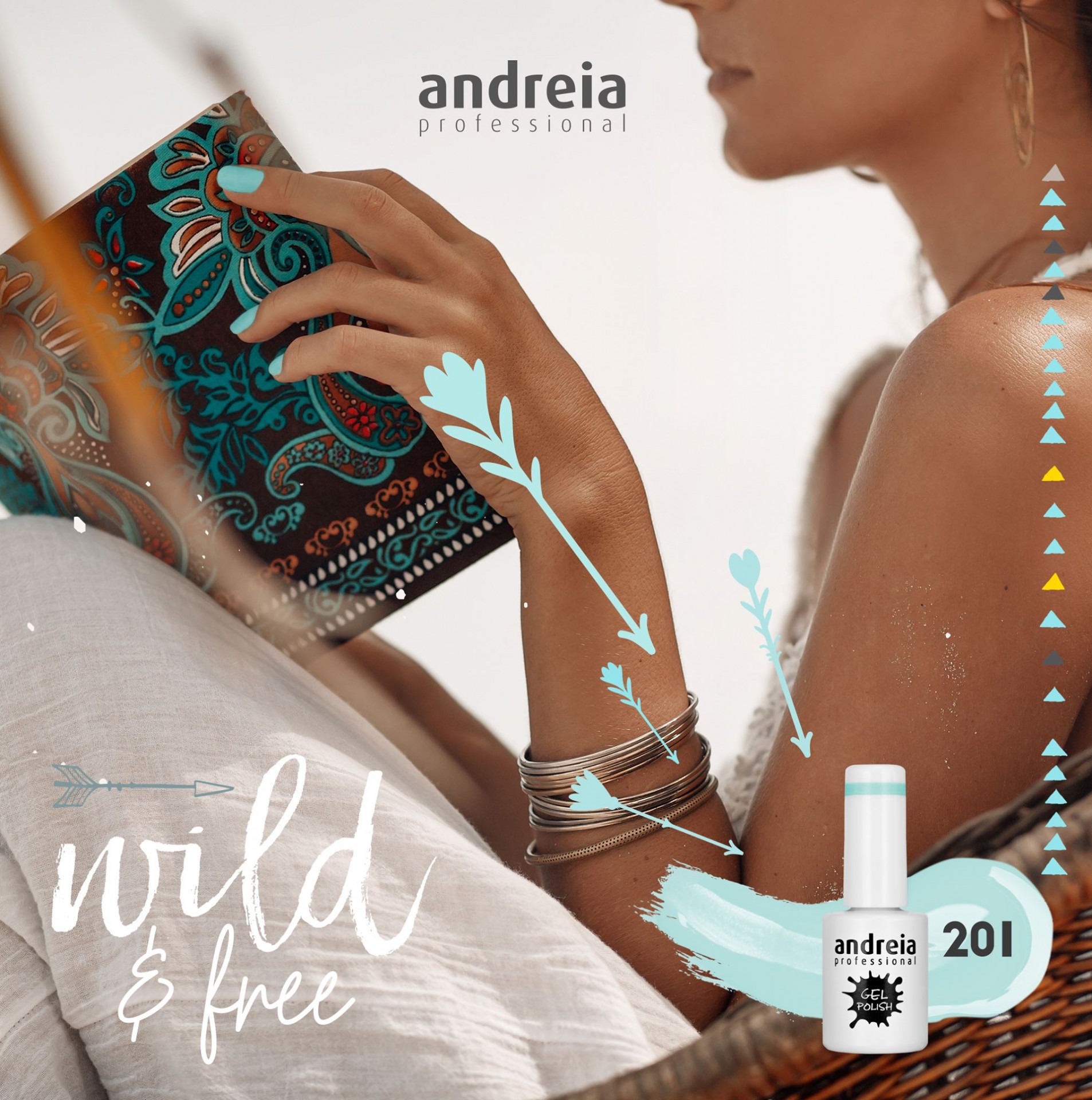 Verniz Gel Andreia 201 (Azul Turquesa) Frasco de verniz de unhas Andreia Professional cor 201 com mulher a segurar livro decorado