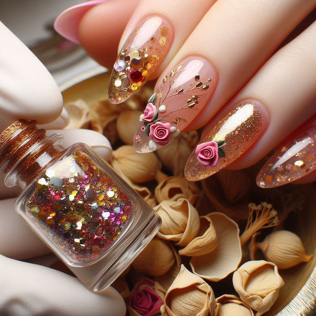 Unhas decorativas com glitter dourado e flores rosas em relevo, mão segurando frasco com glitter multicolorido.