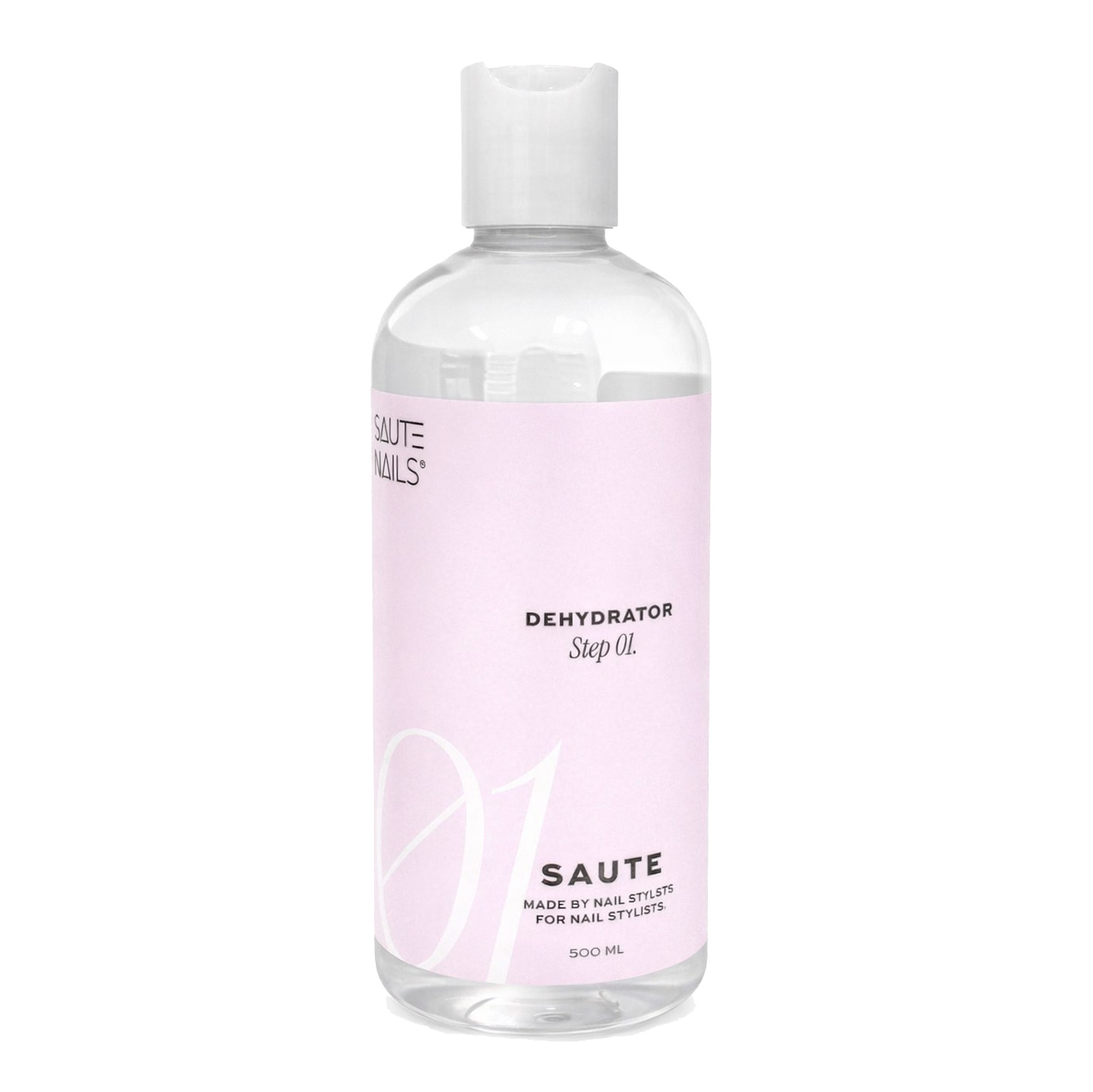 Saute Nails Dehydrator Step 01 500ml Frasco plástico transparente com rótulo rosa de desidratador para unhas