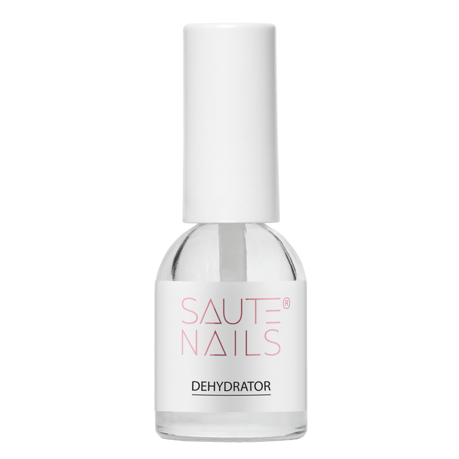 Saute Nails Dehydrator 10ml Frasco de vidro transparente com tampa branca e rótulo branco de produto para unhas