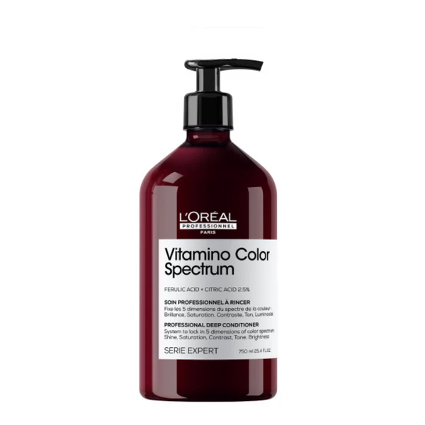 L'Oréal Condicionador Vitamino Color Spectrum 750ML Frasco vermelho escuro com doseador preto do condicionador Vitamino Color Spectrum da L'Oreal.