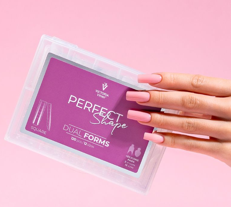 Dual Forms Victoria Vynn - Perfect Shape Square Caixa transparente com etiquetas roxas de produtos para unhas