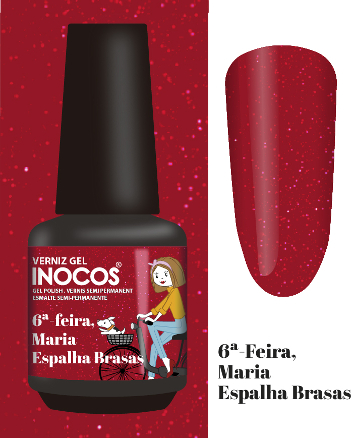 Verniz Gel Inocos – 222 - 6ª-feira, Maria Espalha Brasas - Vermelho Nacarado Frasco de verniz gel vermelho INOCOS com rótulo ilustrado e amostra da cor do verniz.