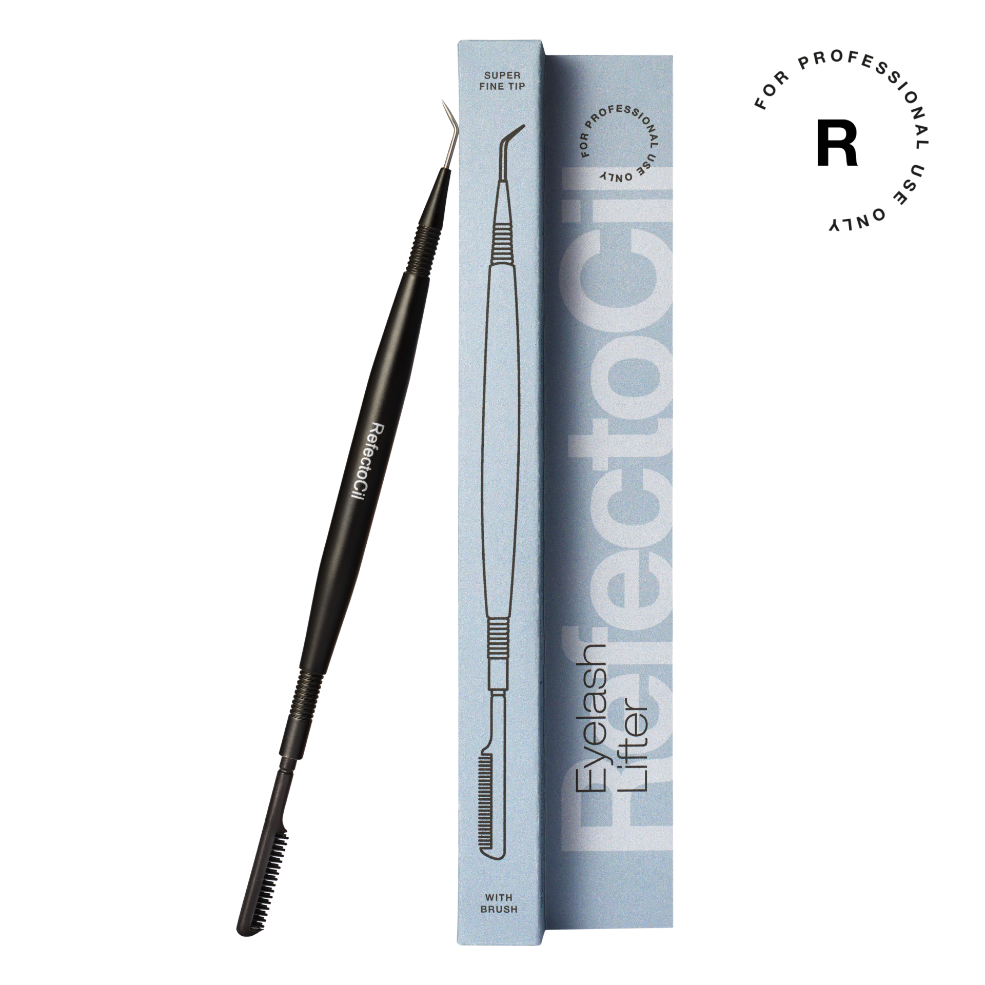 Pinça preta para pestanas com escova e embalagem azul claro