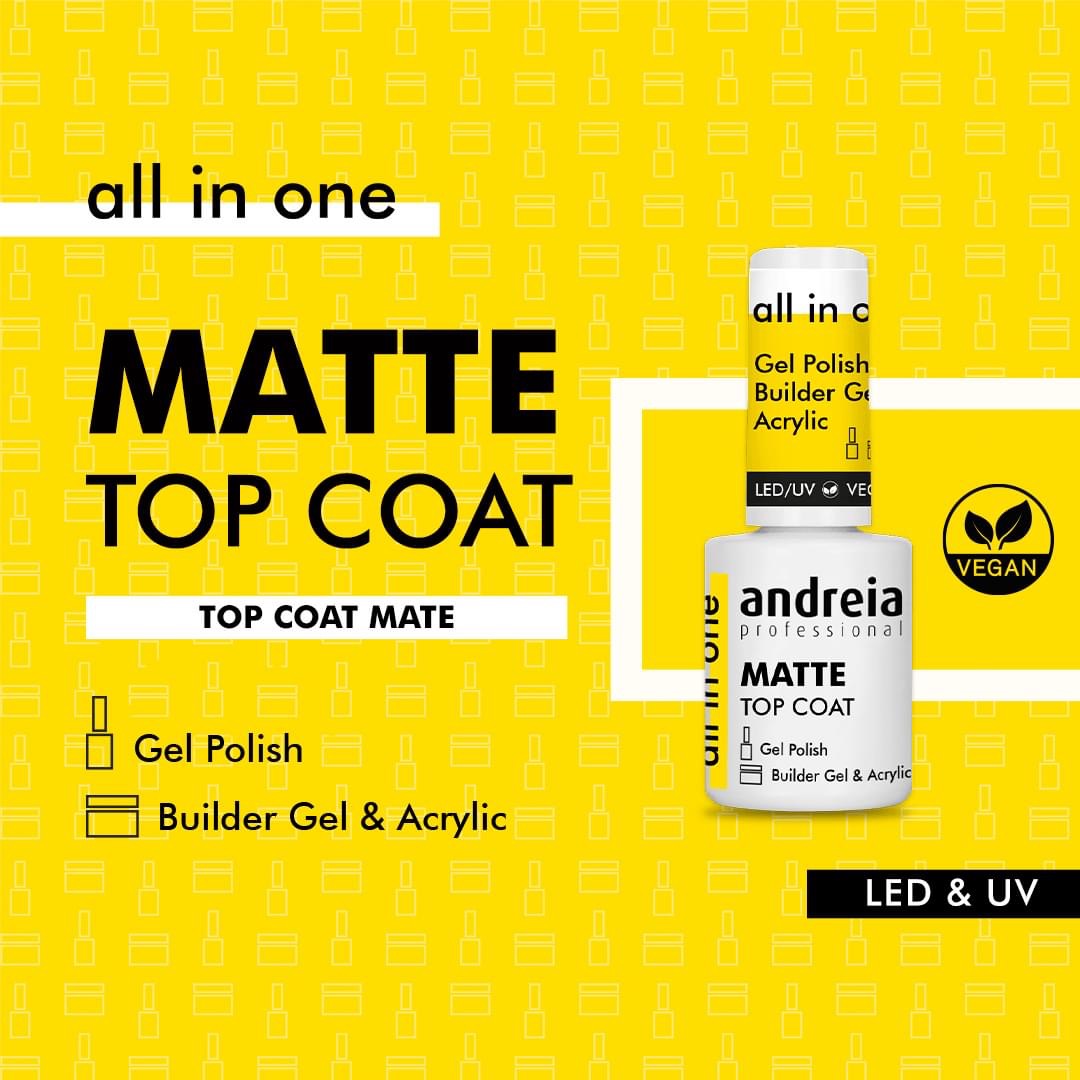 All In One Andreia Matte Top Coat Embalagem de verniz gel Matte Top Coat andreia professional com selo vegano em fundo amarelo
