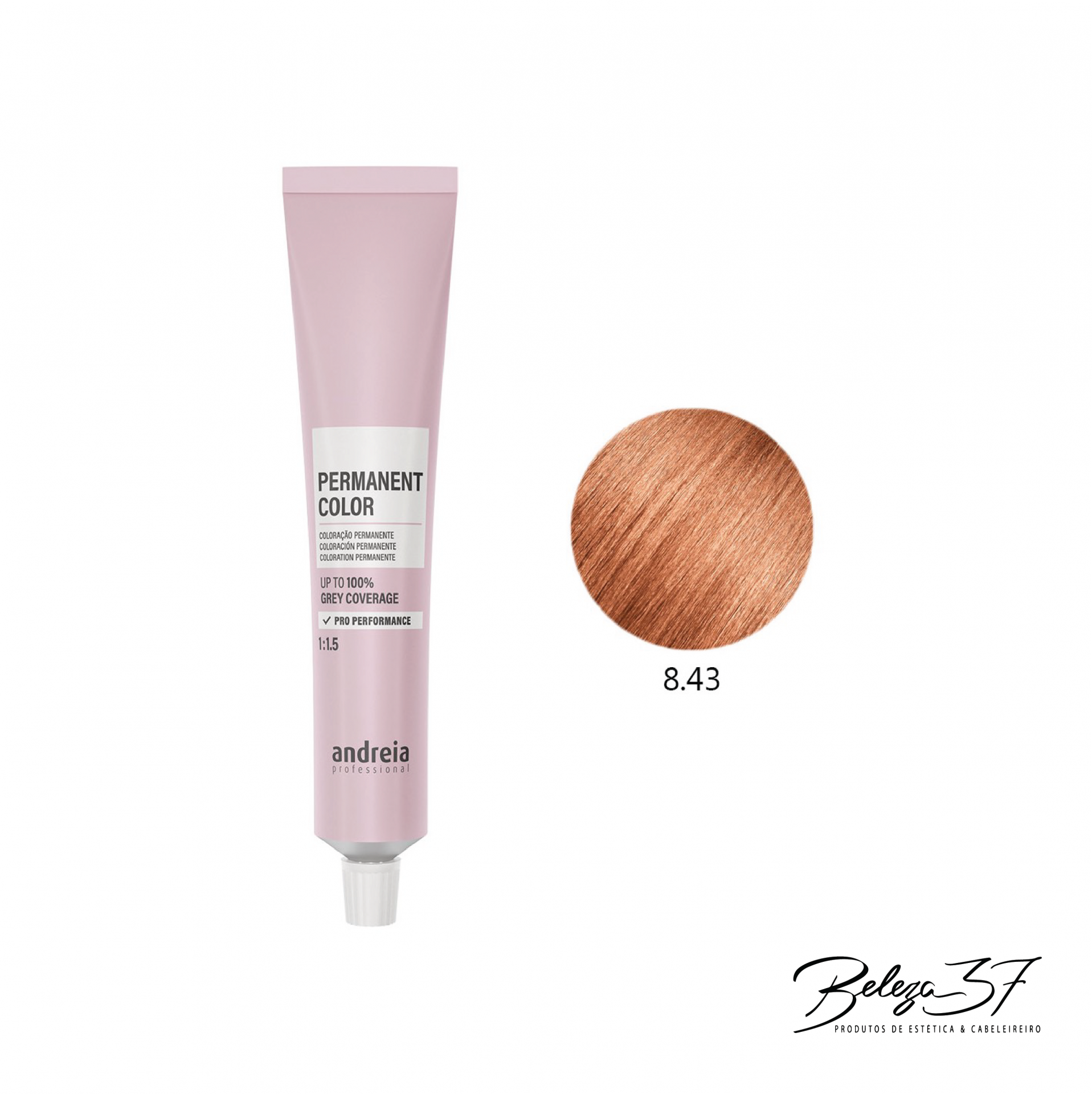 Coloração Permanente Andreia 8.43 Tubo rosa de tinta para cabelo permanente da marca andreia com amostra da cor 8.43 castanho acobreado