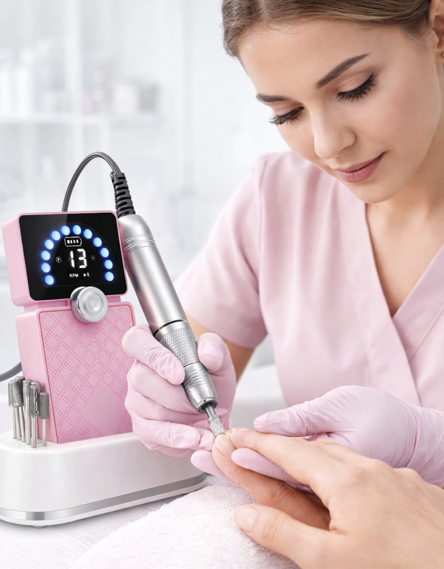 Broca Elétrica Profissional Bixury com 50.000 RPM — Portátil, Potente e com Ecrã LCD Dispositivo elétrico para manicure rosa com visor digital e mãos de mulher a tratar unhas