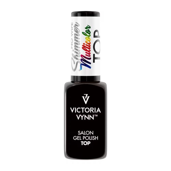 Top "No Wipe" Shimmer Victoria Vynn - Multicolor Frasco de verniz gel Victoria Vynn preto com tampa branca e texto colorido