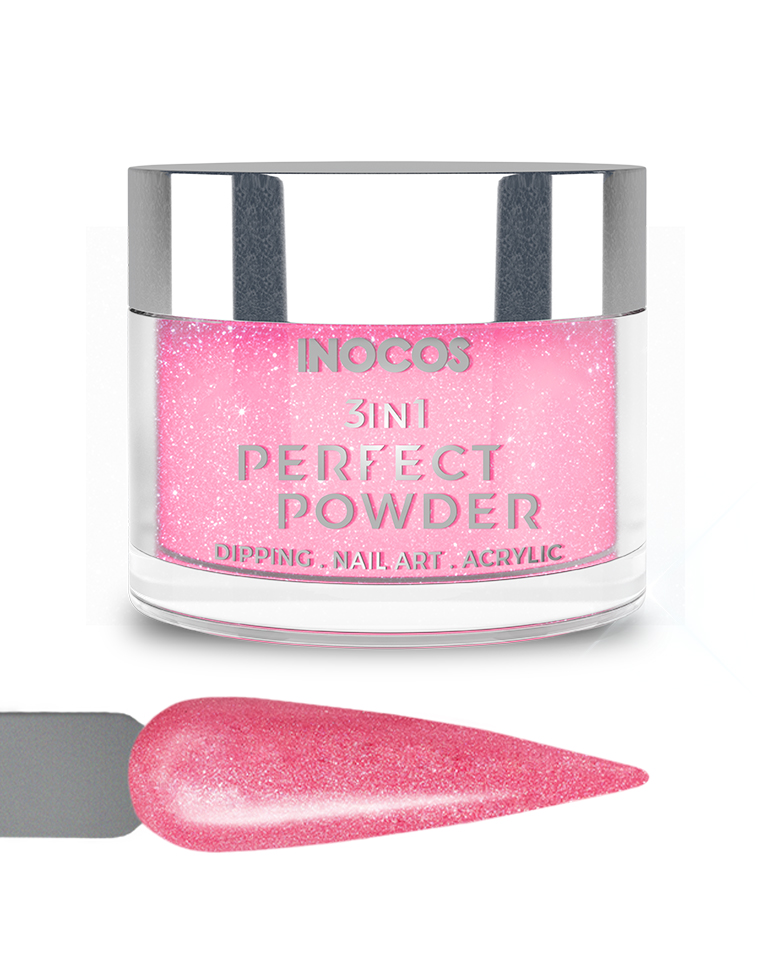 Perfect Powder Inocos 3in1 - Cor P19 - Água de Rosas 20g Pó acrílico rosa brilhante para unhas com embalagem prateada e amostra aplicada