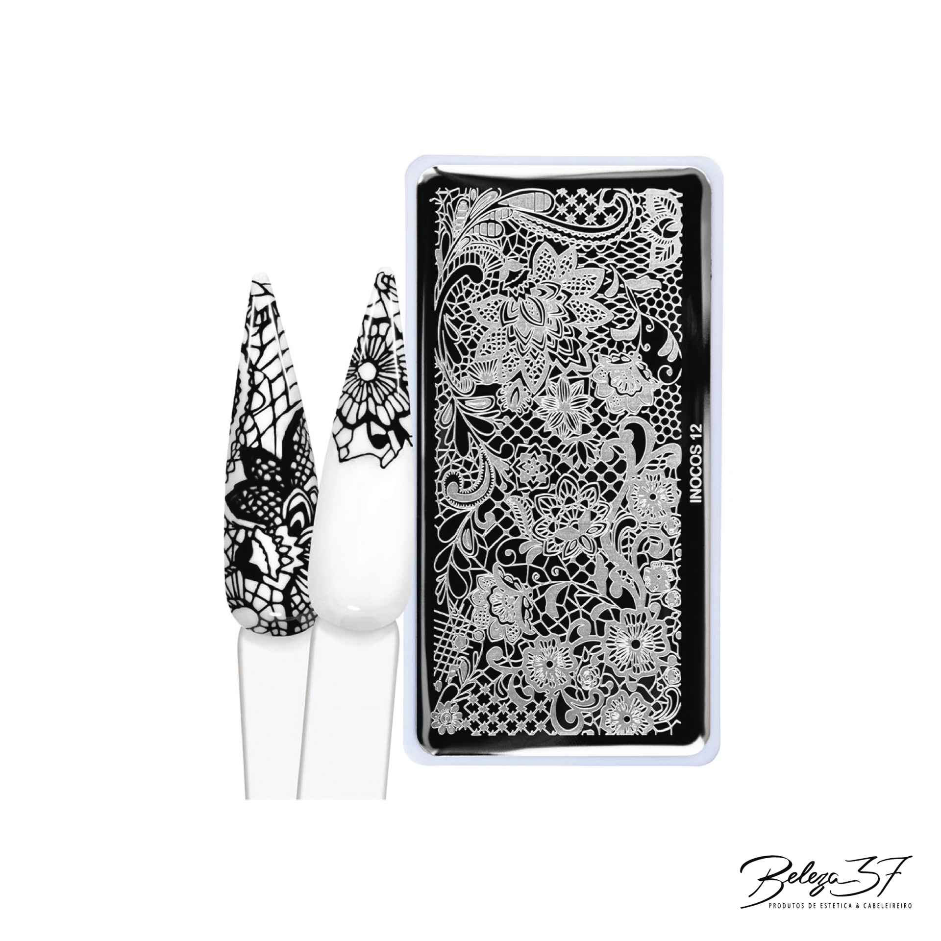 Placas Carimbo Inocos - 12 - XL Lace Placa para carimbo de unhas com padrões preto e branco e exemplos de aplicação