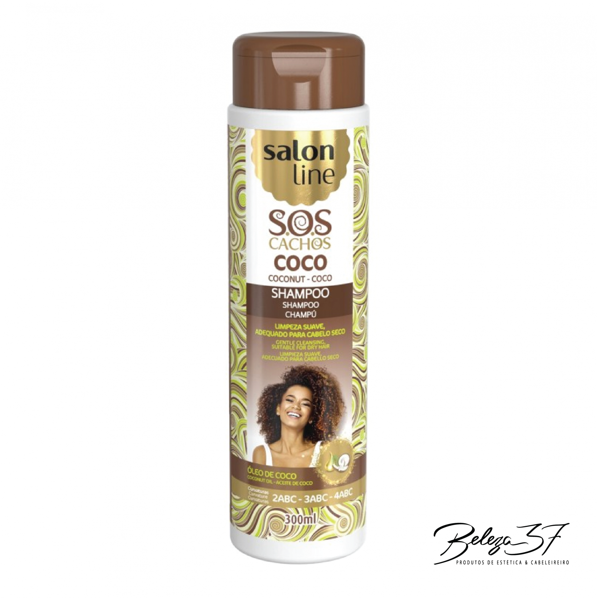 Salon Line SOS Cachos - Shampoo Côco 300ml Frasco de champô Salon Line SOS Cachos Coco com rótulo colorido e imagem de mulher