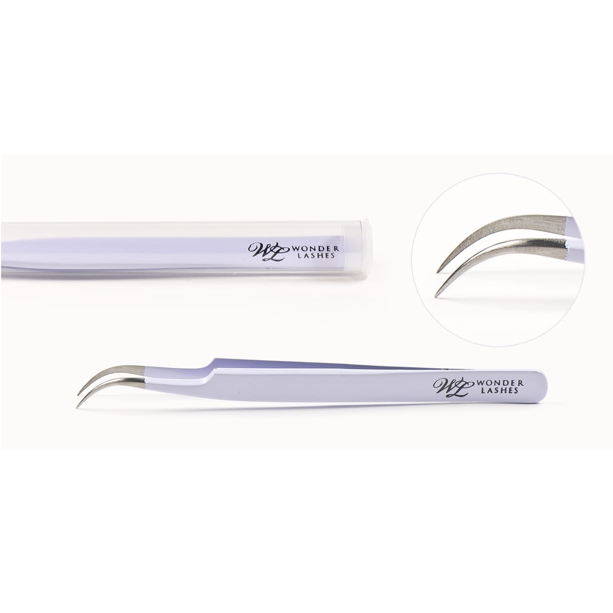 Pinça para Extensão de Pestanas Wonder Lashes - Gancho Pinça curva lilás com pontas metálicas da marca WONDER LASHES e tampa