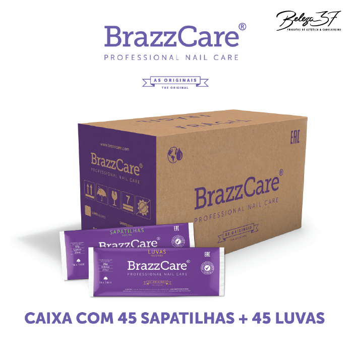 Caixa com 45 Pares de Luvas + 45 Pares de Sapatilhas BrazzCare Caixa castanha com texto roxo BrazzCare e dois saquinhos roxos de luvas e sapatilhas