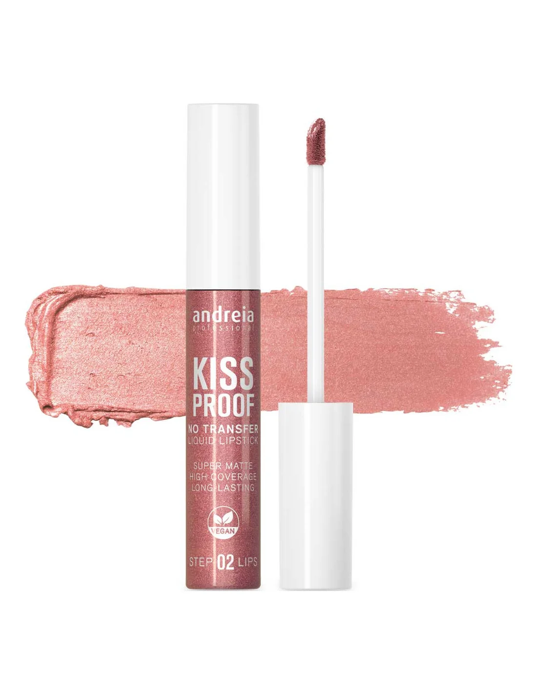 Kiss Proof Andreia – Batom Líquido Mate No Transfer - 20 Pink Aura Batom líquido rosa metalizado Andreia Kiss Proof com aplicador e amostra de cor.