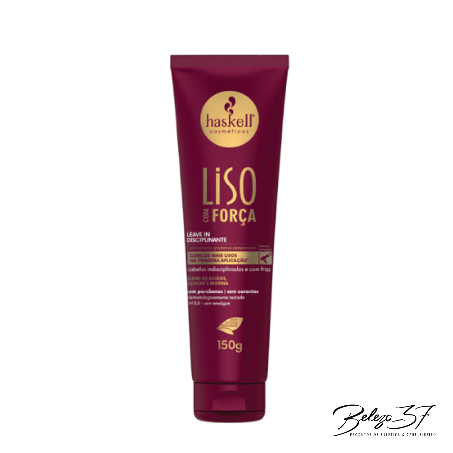Finalisador Liso Com Força Haskell 150ml Tubo de produto Haskell Cosmetics vinho com texto em dourado e branco.