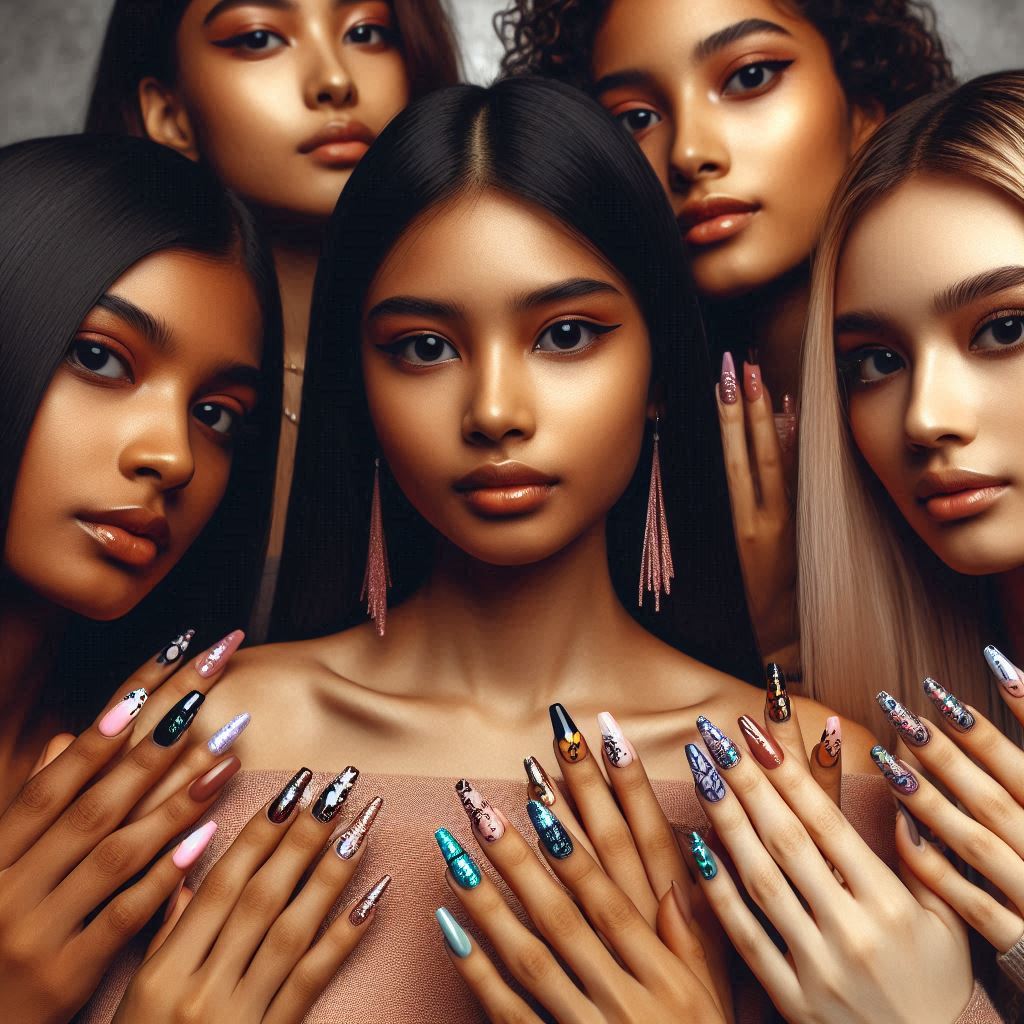 Cinco mulheres com unhas decoradas coloridas e diversas.