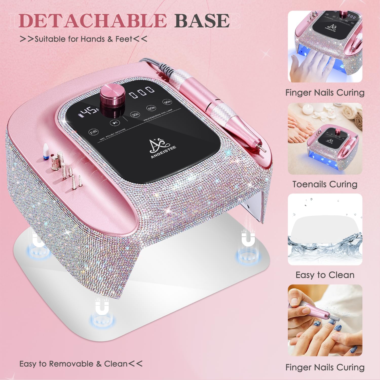 Torno + Catalisador 2 em 1 ANBEISTEE – Profissional e Recarregável com 45.000 RPM Máquina de unhas profissional rosa brilhante para manicura e pedicura