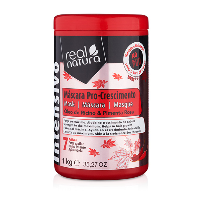 Máscara Real Natura - Pro-Crescimento 1kg Máscara capilar Real Natura Pro-Crescimento em embalagem vermelha e preta 1 kg