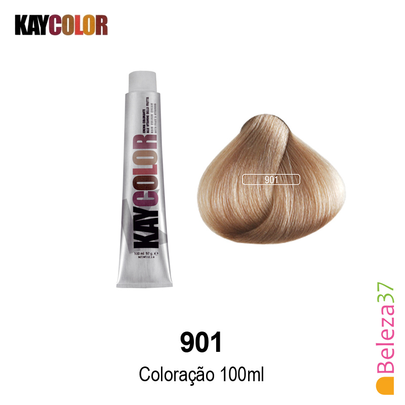 KayColor Coloração 100ml - Cor 901 Tubo de coloração capilar KAYCOLOR e amostra de cabelo loiro muito claro 901